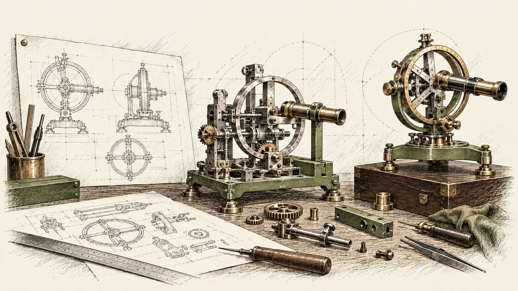 An engraved workbench showing a technical drawing, a prototype, and a completed instrument.